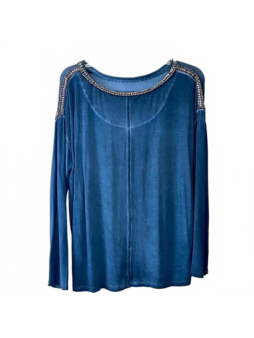 Max Jeans Embellished Blue Long Sleeve Tunic Top Boho Casual
